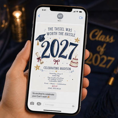 Blue and Gold Class of 2027 Graduation Invitation — invitation you personalize in Canva