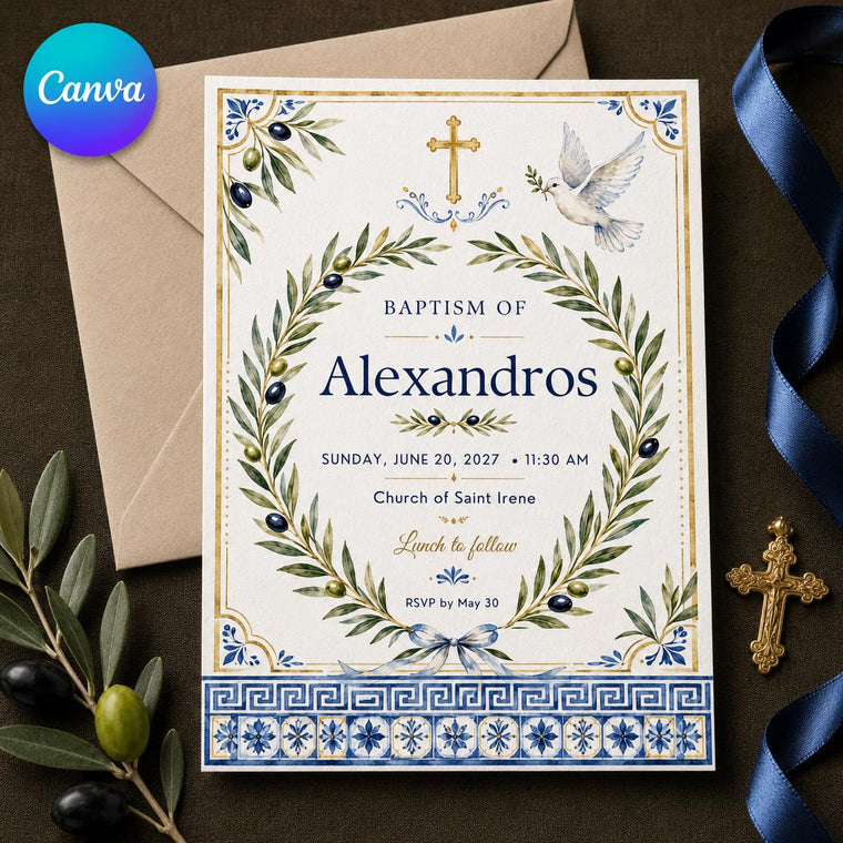 Blue and Gold Greek Baptism Invitation