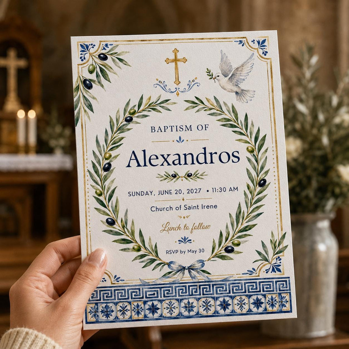Blue and Gold Greek Baptism Invitation — invitation you personalize in Canva
