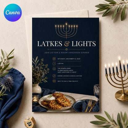Blue and Gold Hanukkah Dinner Invitation — editable Canva template
