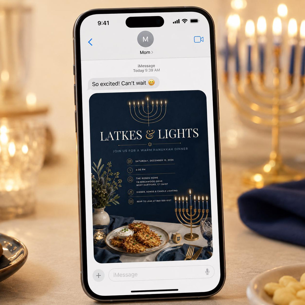 Blue and Gold Hanukkah Dinner Invitation — invitation you personalize in Canva