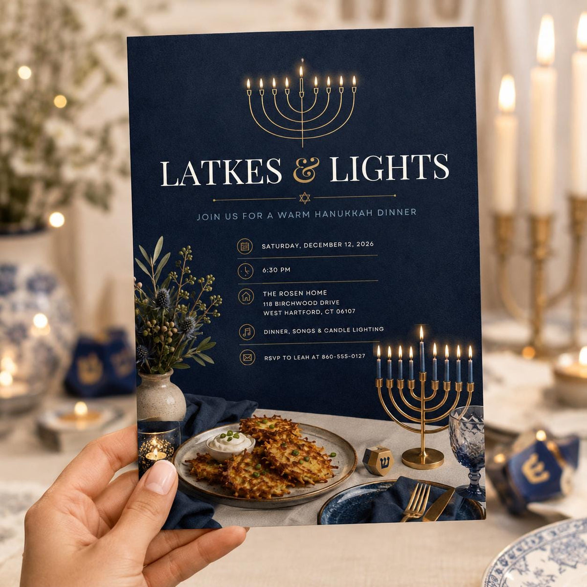 Blue and Gold Hanukkah Dinner Invitation — elegant Hanukkah celebration design