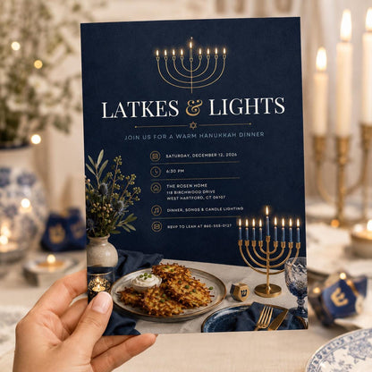Blue and Gold Hanukkah Dinner Invitation — elegant Hanukkah celebration design