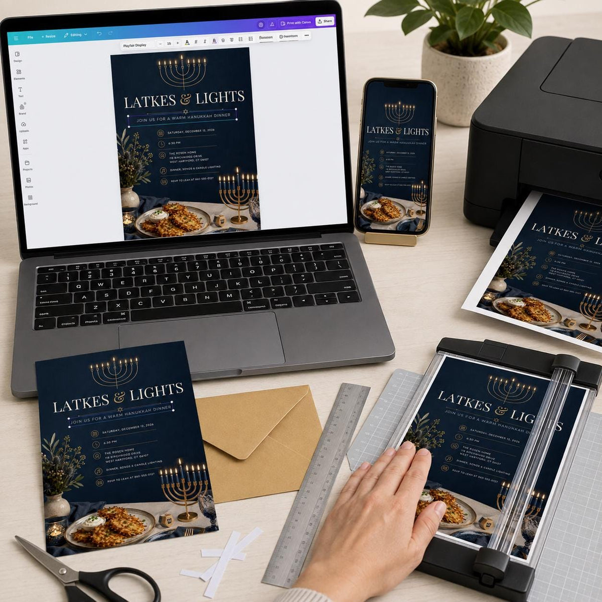 Blue and Gold Hanukkah Dinner Invitation — print-ready Hanukkah celebration design from VoltBy