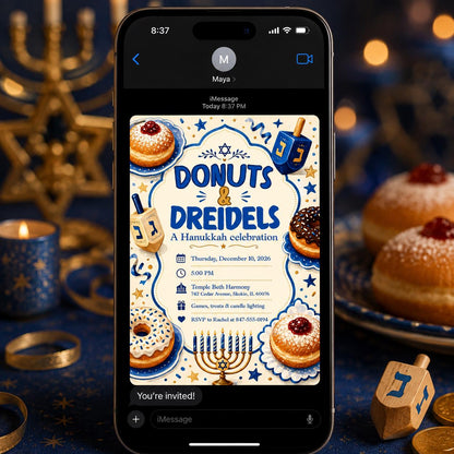 Blue and Gold Hanukkah Party Invitation — donut design