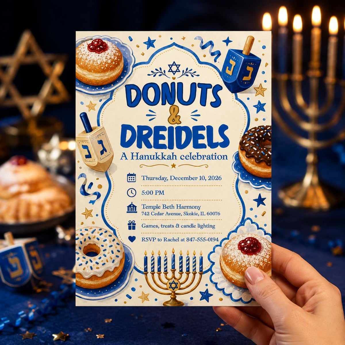 Blue and Gold Hanukkah Party Invitation — invitation you personalize in Canva