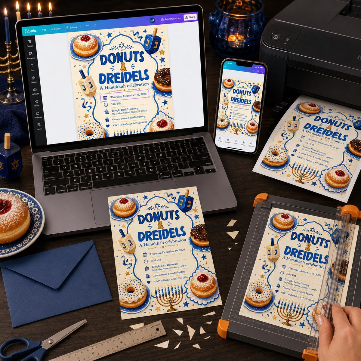 Blue and Gold Hanukkah Party Invitation — print-ready Hanukkah celebration design from VoltBy