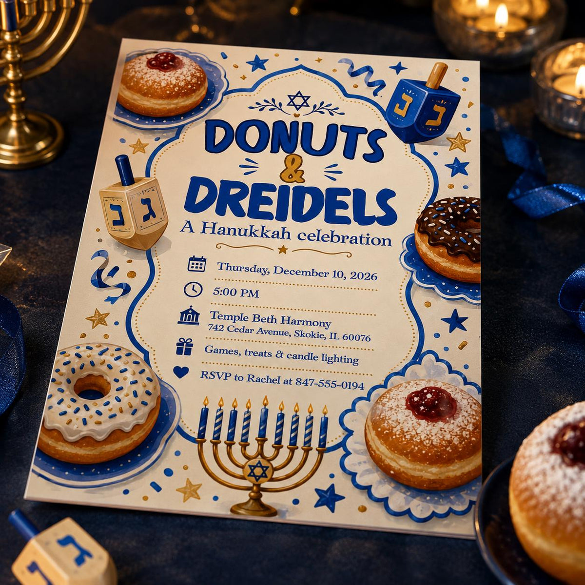 Blue and Gold Hanukkah Party Invitation — digital invitation, instant download