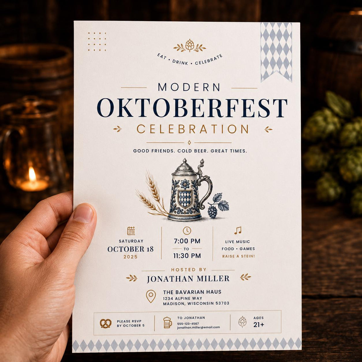 Blue and Gold Oktoberfest Party Invitation — invitation you personalize in Canva