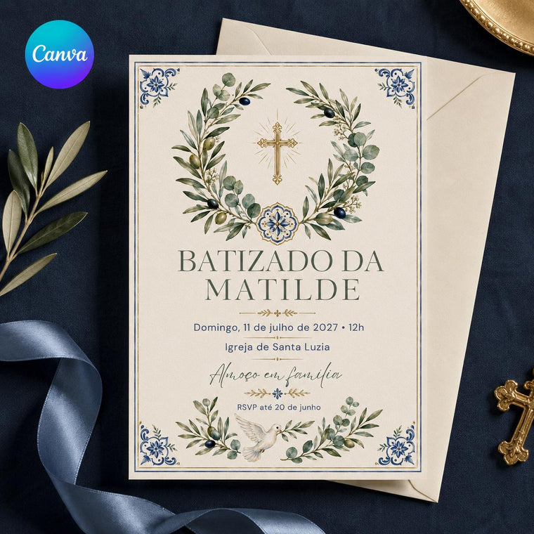 Blue and Gold Portuguese Baptism Invitation