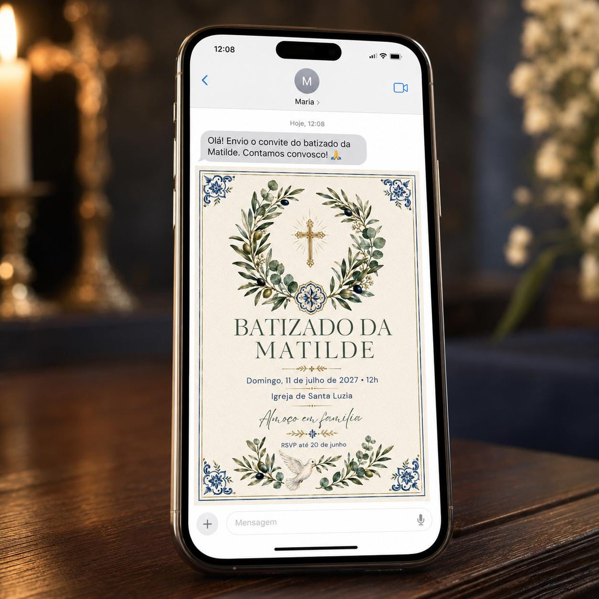 Blue and Gold Portuguese Baptism Invitation — olive branch design