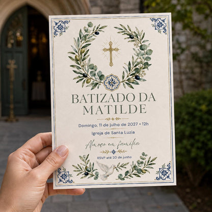 Blue and Gold Portuguese Baptism Invitation — invitation you personalize in Canva