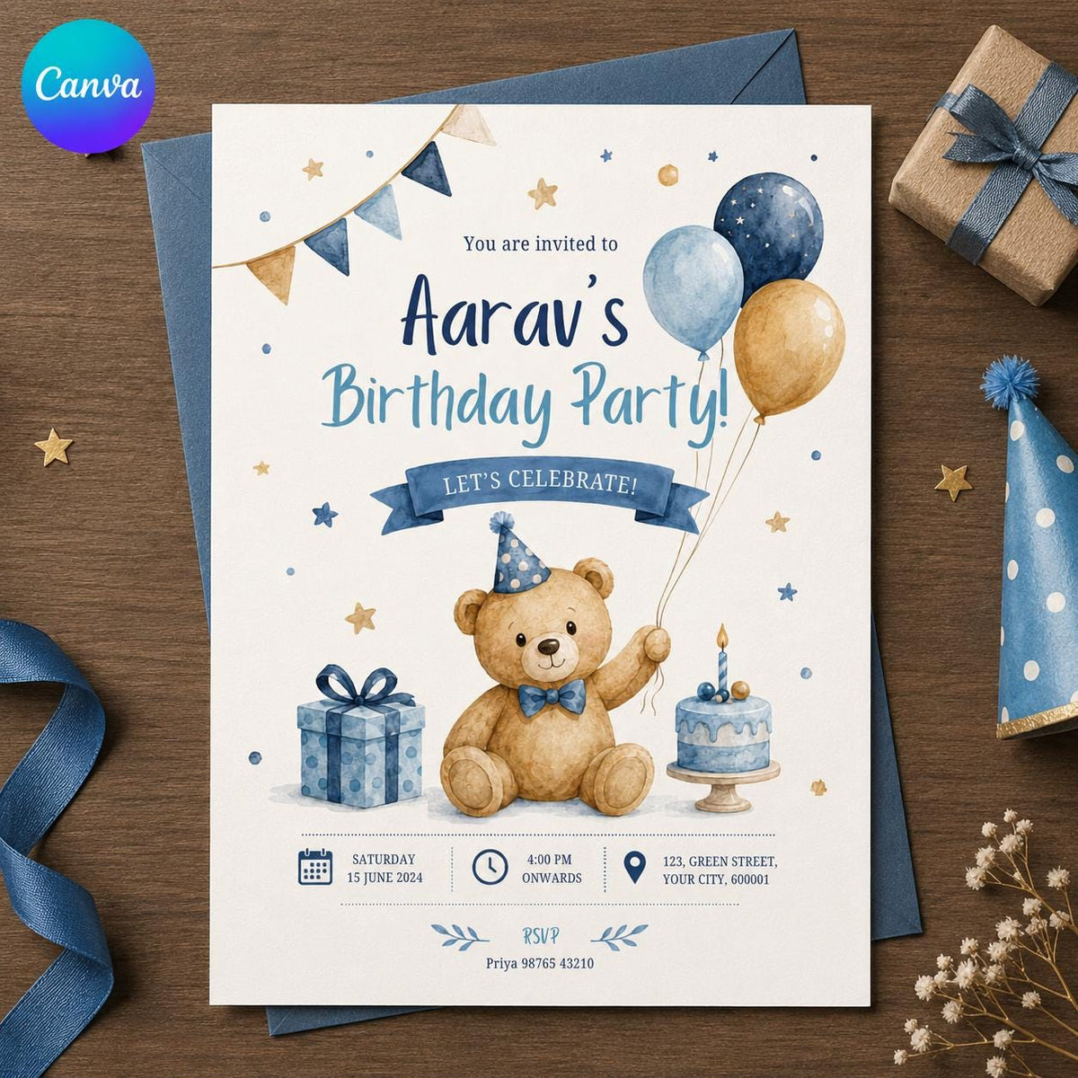 Blue and Gold Teddy Bear Birthday Invitation — editable Canva template