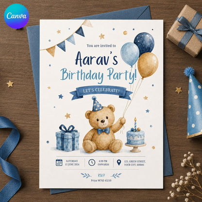 Blue and Gold Teddy Bear Birthday Invitation — editable Canva template