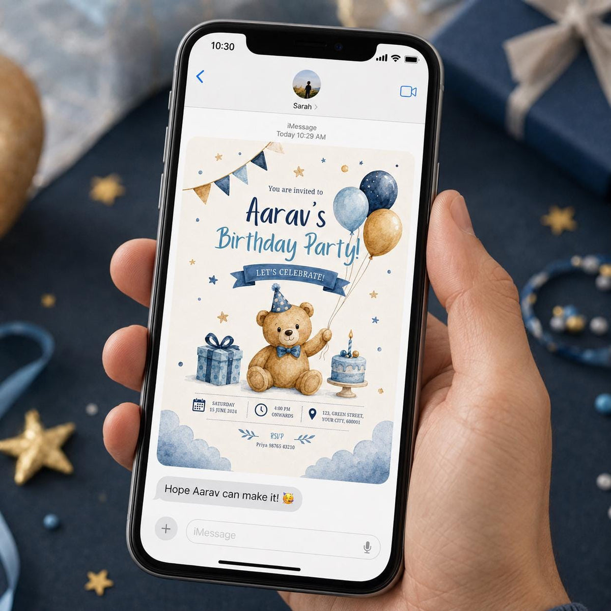 Blue and Gold Teddy Bear Birthday Invitation — invitation you personalize in Canva