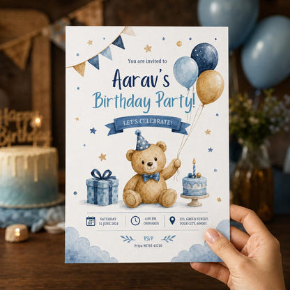 Blue and Gold Teddy Bear Birthday Invitation — watercolor birthday party design