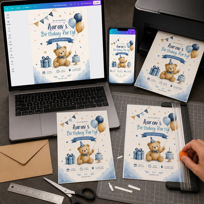Blue and Gold Teddy Bear Birthday Invitation — print-ready birthday party design from VoltBy