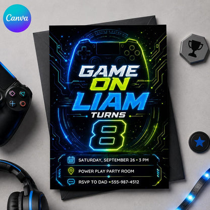 Blue and Green Gaming 8th Birthday Invitation for Boys — editable Canva template