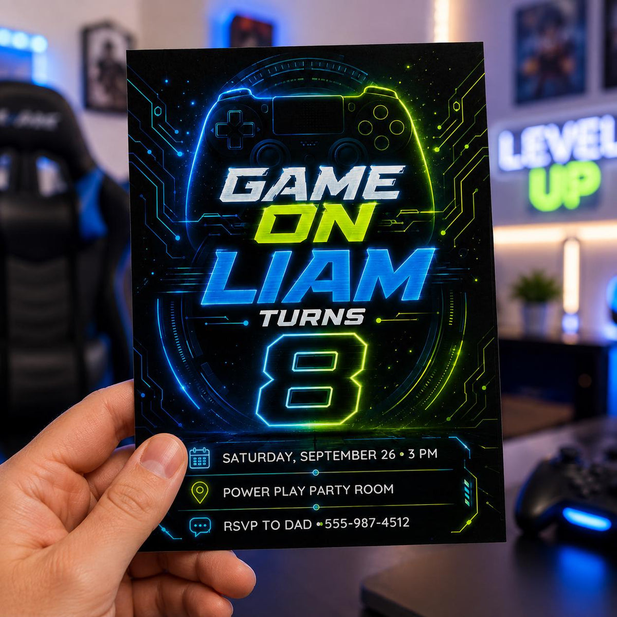 Blue and Green Gaming 8th Birthday Invitation for Boys — neon 8th birthday party design