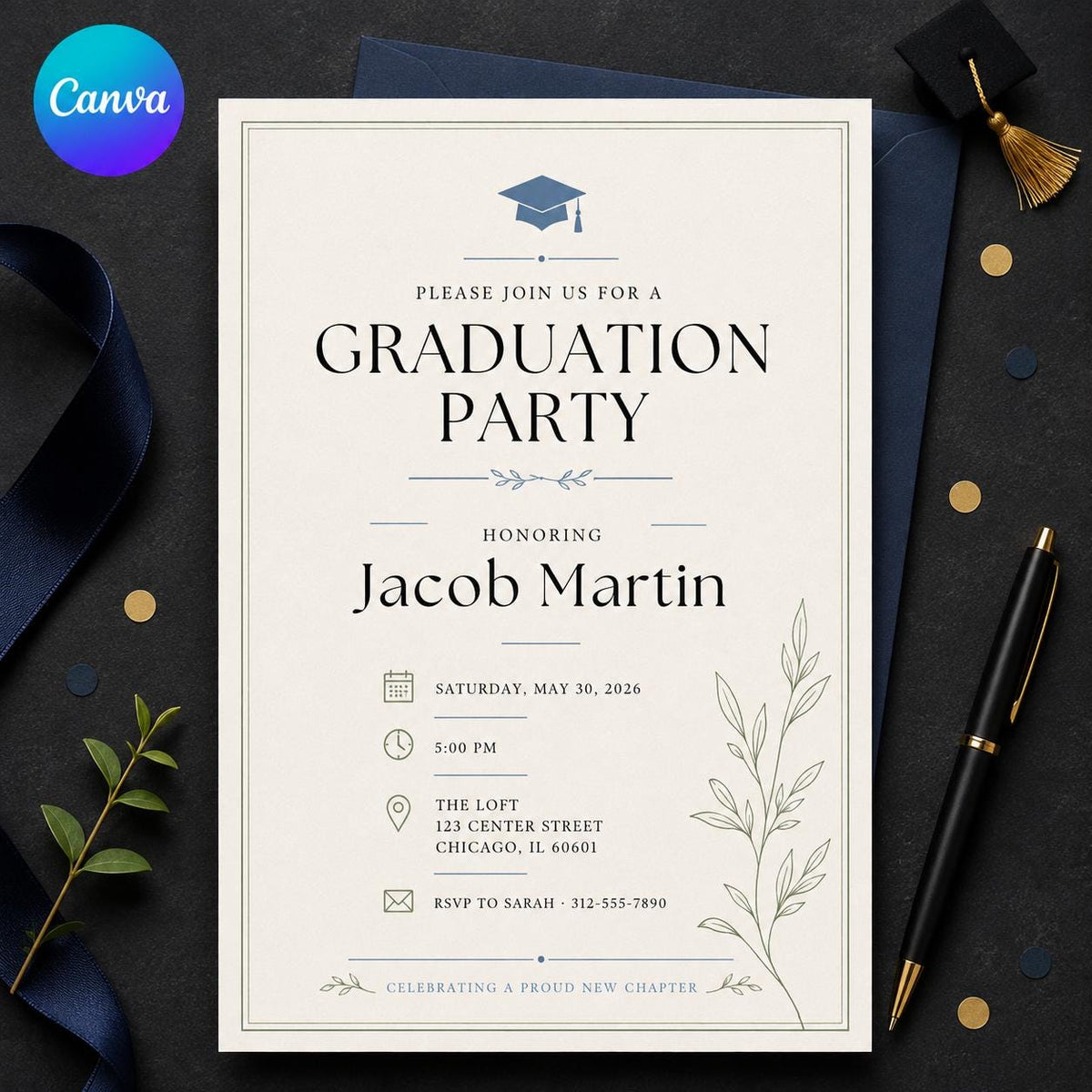 Blue and Green Minimalist Graduation Party Invitation — editable Canva template