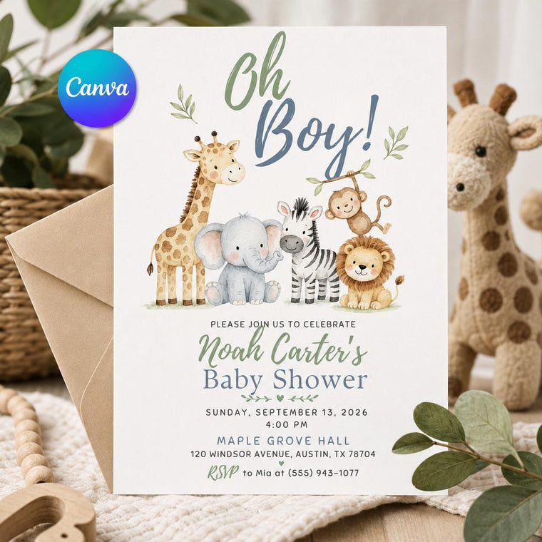 Blue and Green Oh Boy Baby Shower Invitation
