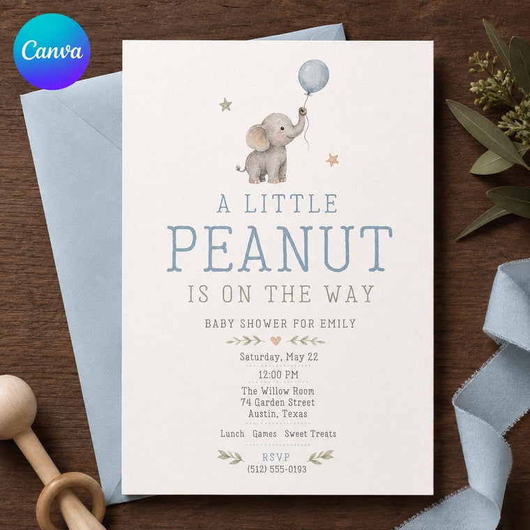 Blue and Neutral Little Peanut Baby Shower Invitation for Boys