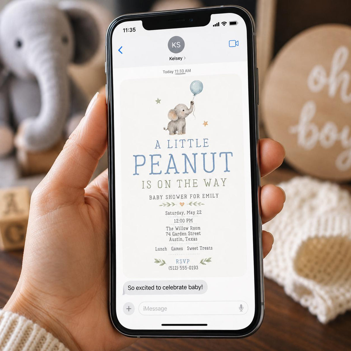 Blue and Neutral Little Peanut Baby Shower Invitation for Boys — elephant design