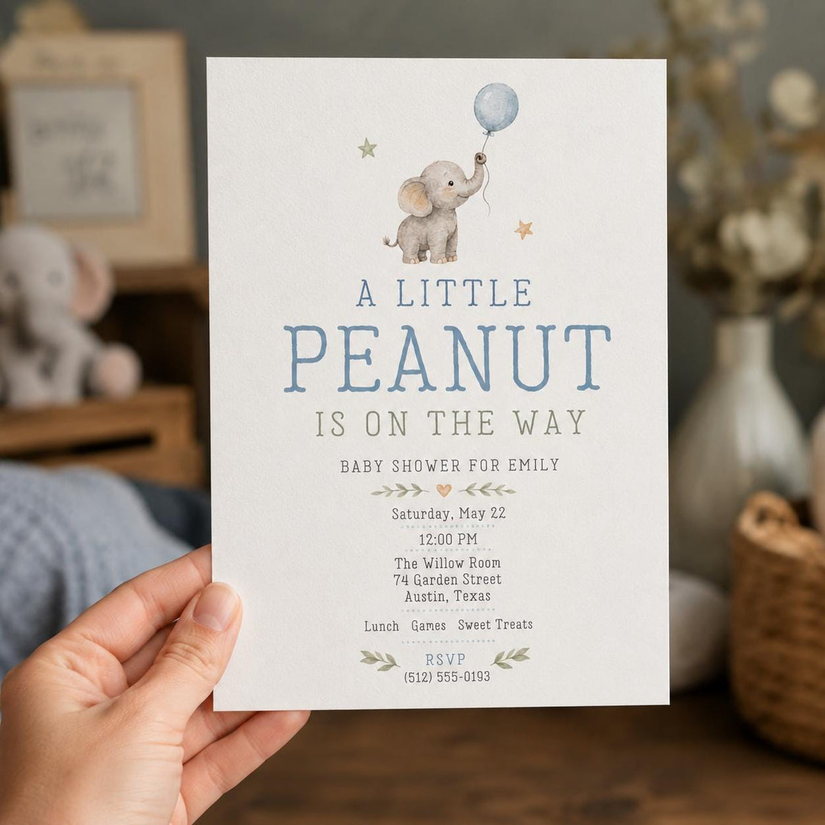 Blue and Neutral Little Peanut Baby Shower Invitation for Boys — invitation you personalize in Canva