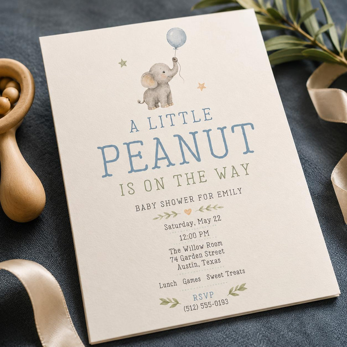 Blue and Neutral Little Peanut Baby Shower Invitation for Boys — print-ready baby shower design from VoltBy