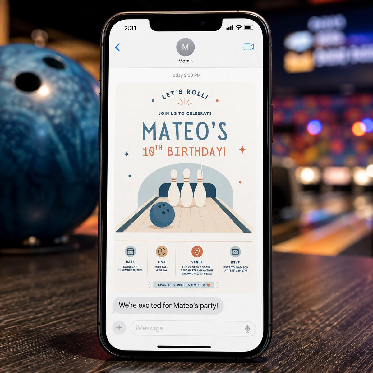 Blue and Neutral Minimalist Bowling 10th Birthday Invitation — invitation you personalize in Canva