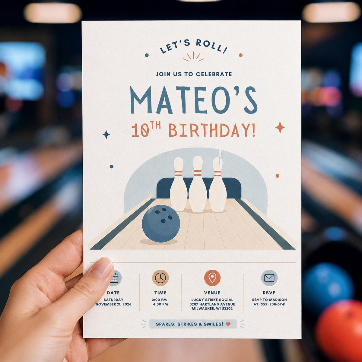 Blue and Neutral Minimalist Bowling 10th Birthday Invitation — print-ready 10th birthday party design from VoltBy