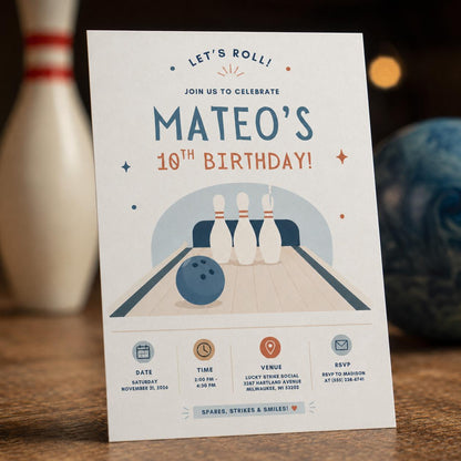 Blue and Neutral Minimalist Bowling 10th Birthday Invitation — 10th birthday party stationery by VoltBy