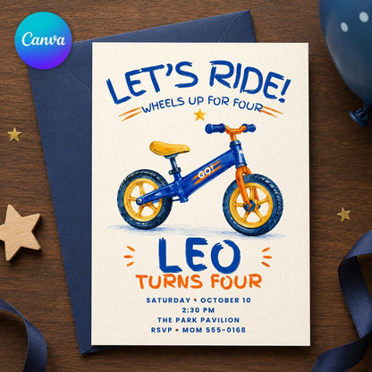 Blue and Orange Balance Bike 4th Birthday Invitation for Boys — editable Canva template