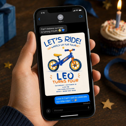 Blue and Orange Balance Bike 4th Birthday Invitation for Boys — bicycle design