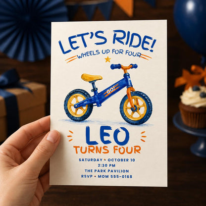 Blue and Orange Balance Bike 4th Birthday Invitation for Boys — invitation you personalize in Canva