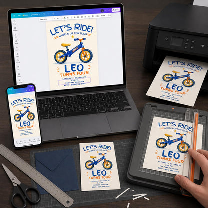 Blue and Orange Balance Bike 4th Birthday Invitation for Boys — print-ready 4th birthday party design from VoltBy