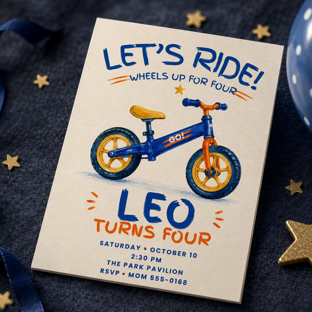 Blue and Orange Balance Bike 4th Birthday Invitation for Boys — digital invitation, instant download