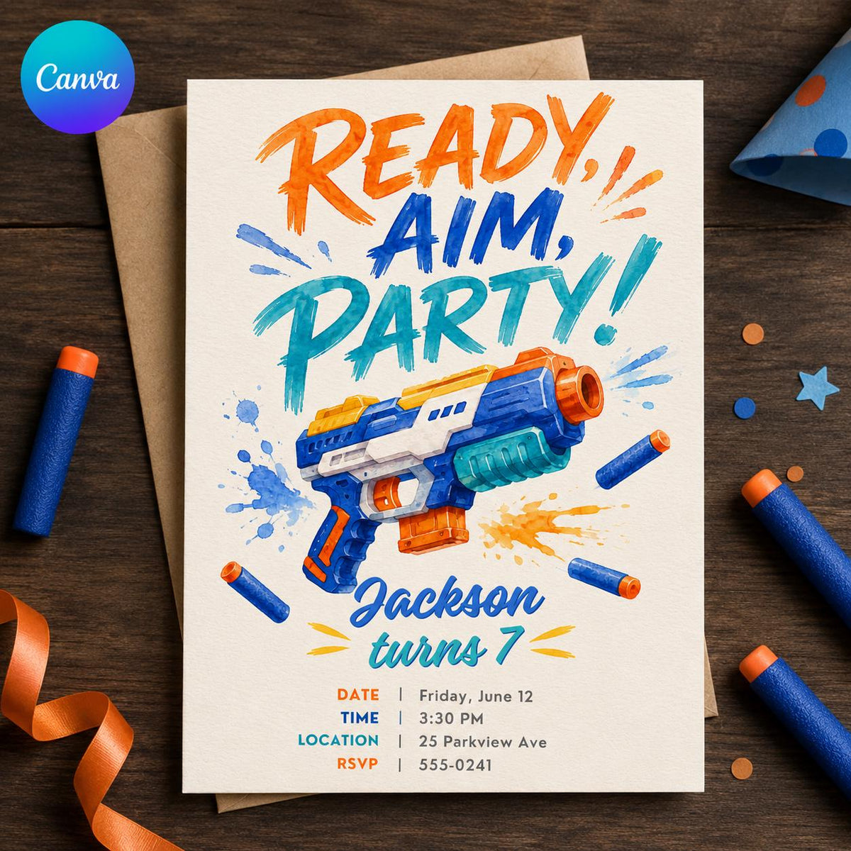 Blue and Orange Foam Blaster 7th Birthday Invitation — editable Canva template