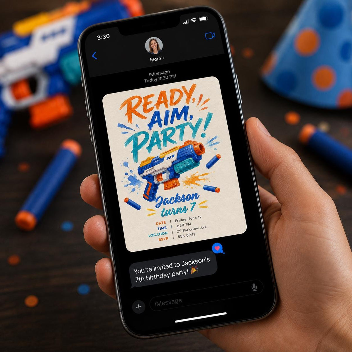 Blue and Orange Foam Blaster 7th Birthday Invitation — invitation you personalize in Canva