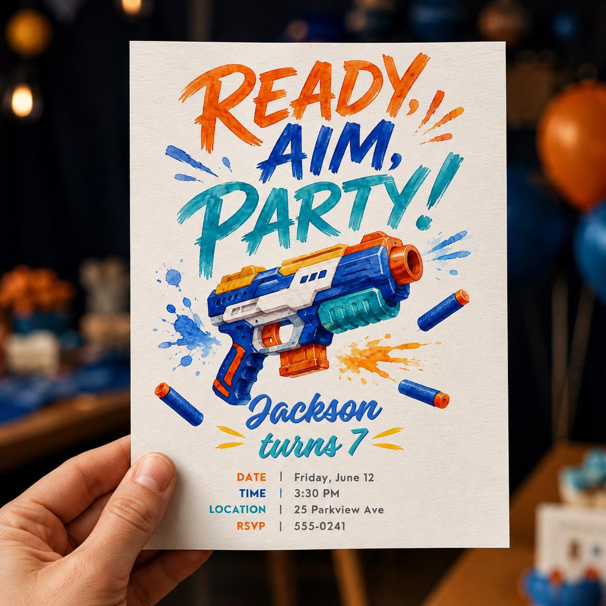 Blue and Orange Foam Blaster 7th Birthday Invitation — watercolor 7th birthday party design