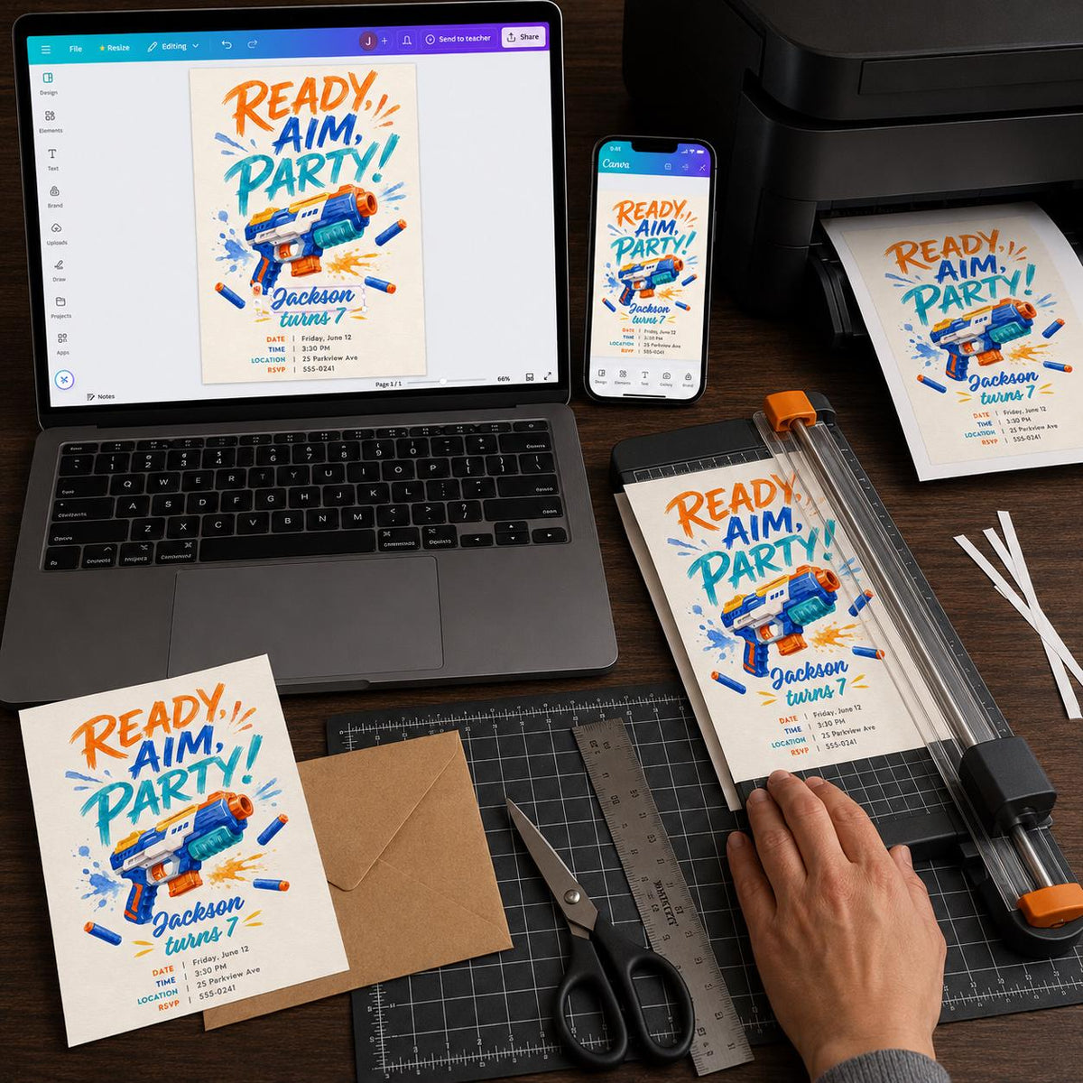 Blue and Orange Foam Blaster 7th Birthday Invitation — print-ready 7th birthday party design from VoltBy