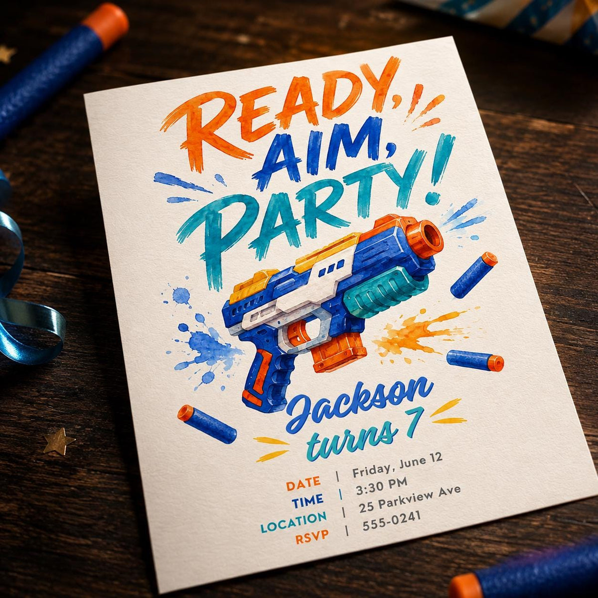 Blue and Orange Foam Blaster 7th Birthday Invitation — digital invitation, instant download