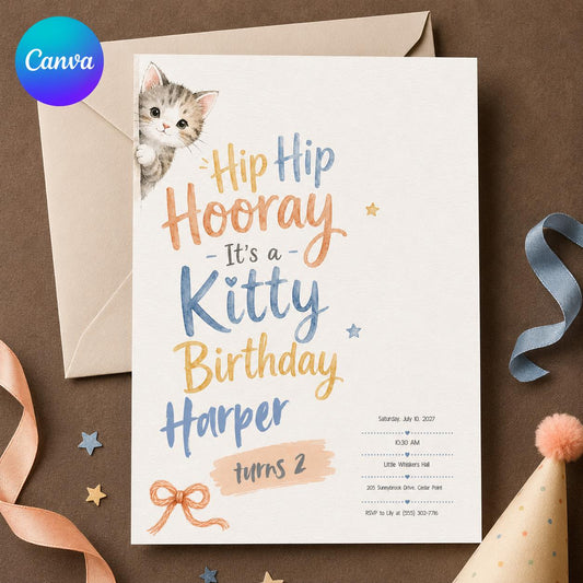 Blue and Orange Kitty Birthday Invitation — editable Canva template