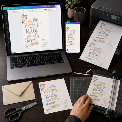 Blue and Orange Kitty Birthday Invitation — invitation you personalize in Canva