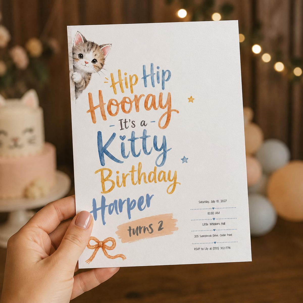 Blue and Orange Kitty Birthday Invitation — minimalist birthday party design