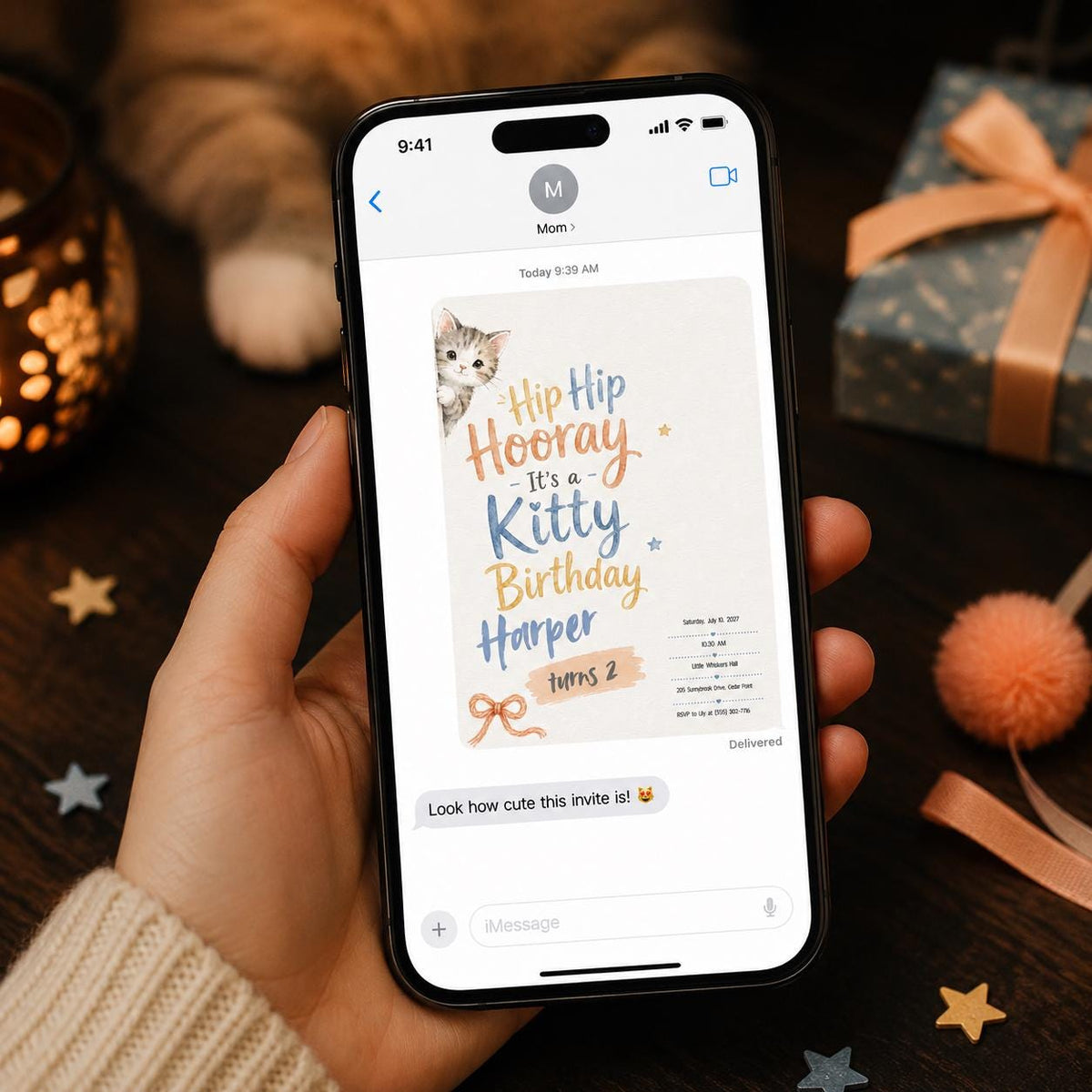 Blue and Orange Kitty Birthday Invitation — print-ready birthday party design from VoltBy