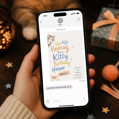 Blue and Orange Kitty Birthday Invitation — print-ready birthday party design from VoltBy