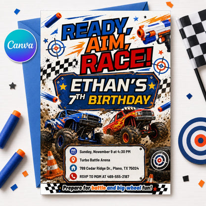 Blue and Orange Monster Truck Birthday Invitation — editable Canva template