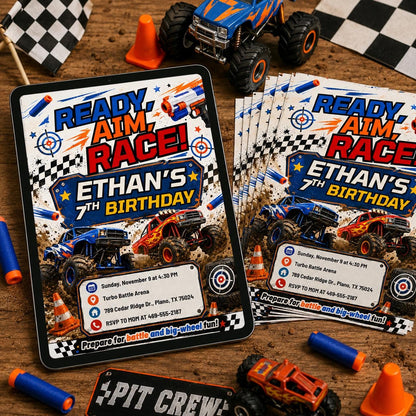 Blue and Orange Monster Truck Birthday Invitation — invitation you personalize in Canva