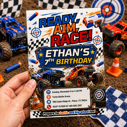 Blue and Orange Monster Truck Birthday Invitation — print-ready birthday party design from VoltBy